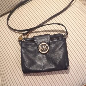 Michael Kors Black Leather Crossbody Bag with Gold Accent